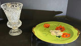 Two crystal cut-glass goblets and a lime-green floral plate with gold handles - thumbnail 2 of 6
