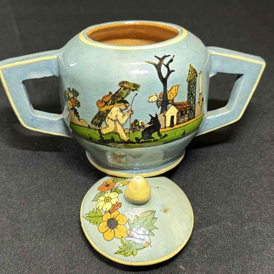 Teal-blue glazed ceramic tea service with hand-painted figures and cactus motifs - image 10 of 12