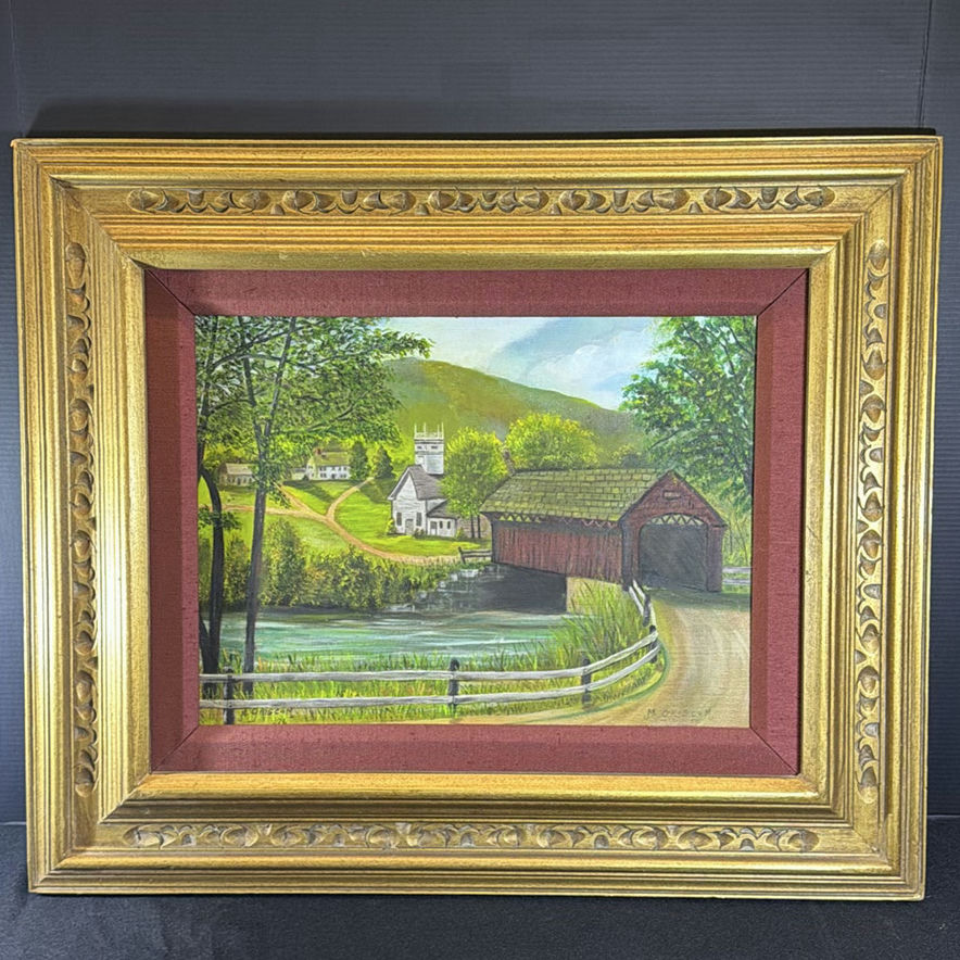Landscape painting with covered bridge in ornate frame- local Austin artist Mildred Griscom - image 8 of 8