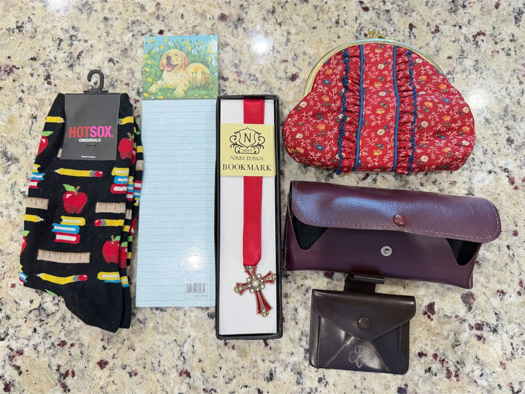 Lot of Novelty Socks, Bookmark, Eyeglasses with Cases & Small Pouches - image 1 of 6