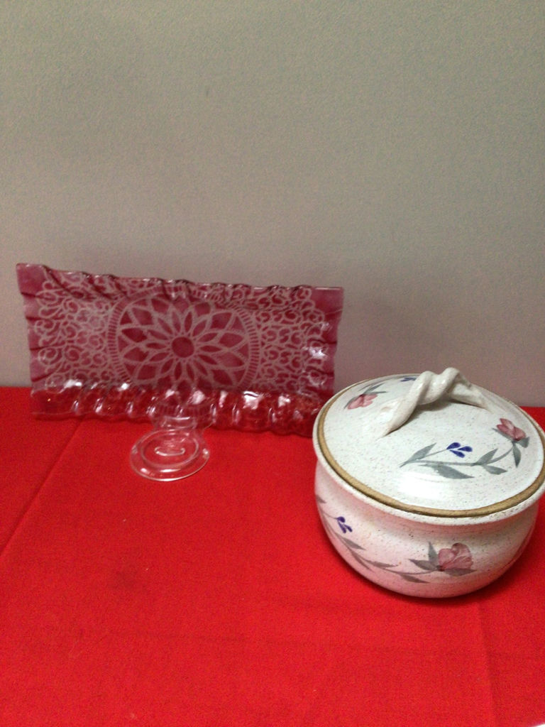 Pink embossed glass panel on pedestal and speckled ceramic lidded jar - image 1 of 4