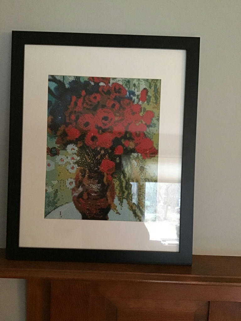 Framed cross-stitch floral artwork of red poppies - image 1 of 1