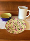 Floral plate, purple ribbed bowl, and white pitcher - thumbnail 1 of 5
