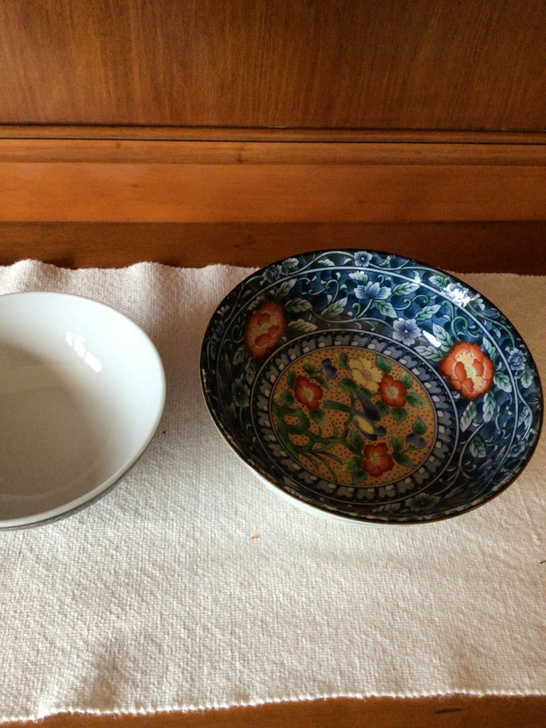 2  ceramic bowls with blue-and-white patterns and gray/black designs - image 3 of 6