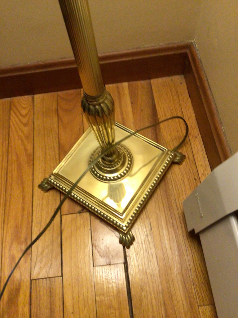 Brass floor lamp with square decorative base and fabric shade - image 2 of 2