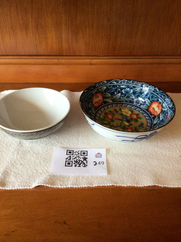2 ceramic bowls with blue-and-white patterns and gray/black designs - image 1 of 6