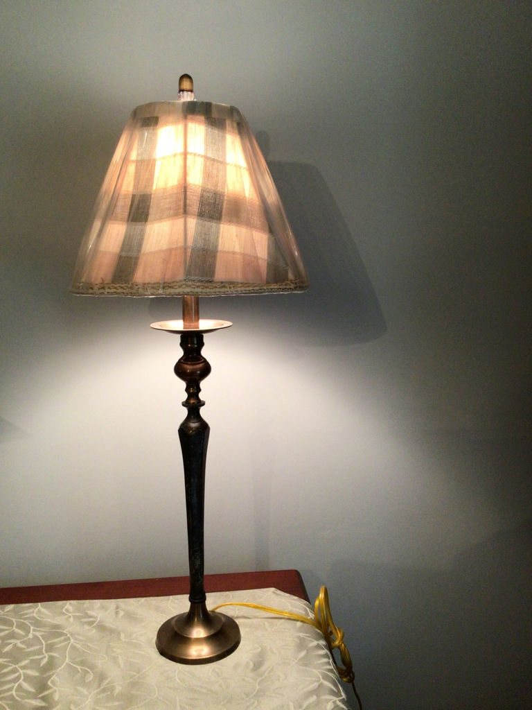 Antique brass table lamp with striped shade - image 2 of 3