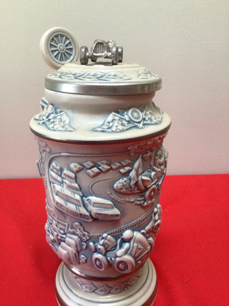 Set of five decorative ceramic beer steins with pewter lids - image 8 of 10