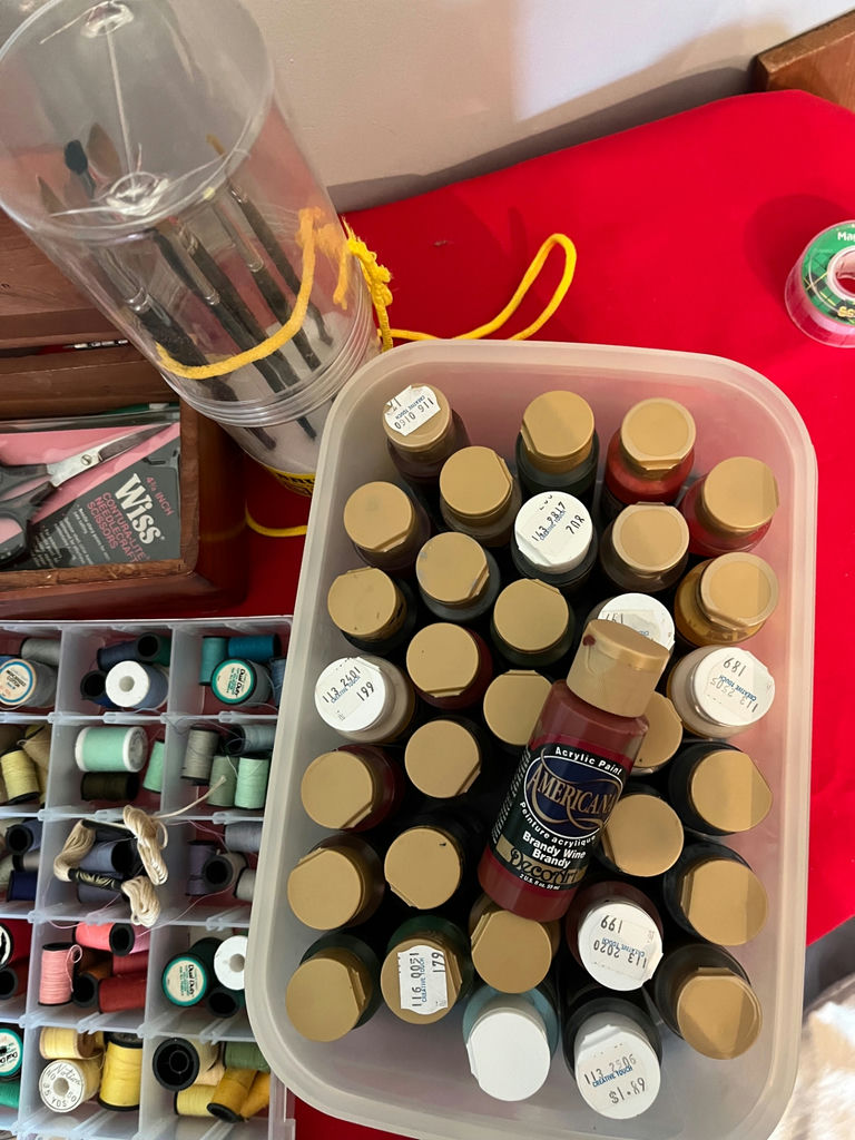 Assorted craft supplies: sewing thread, paints, and tools - image 4 of 5