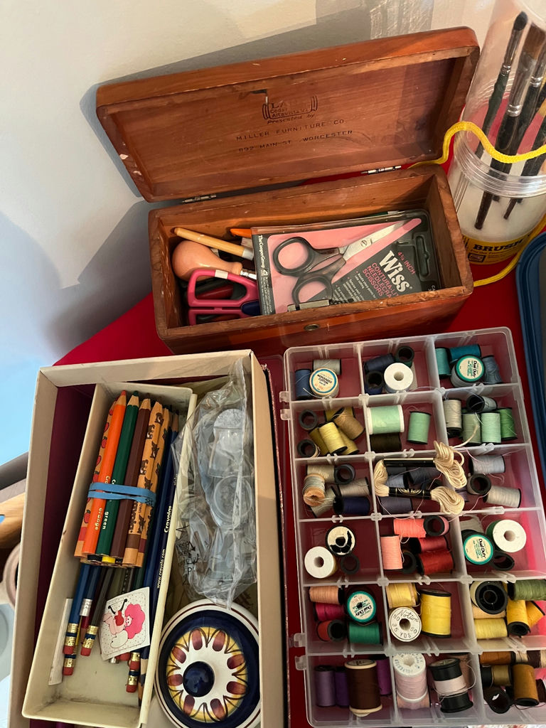 Assorted craft supplies: sewing thread, paints, and tools - image 3 of 5