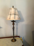 Antique brass table lamp with striped shade - thumbnail 1 of 3