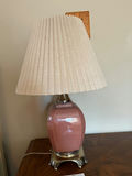 Pink ceramic lamp with a silver base with pleated shade - thumbnail 1 of 2