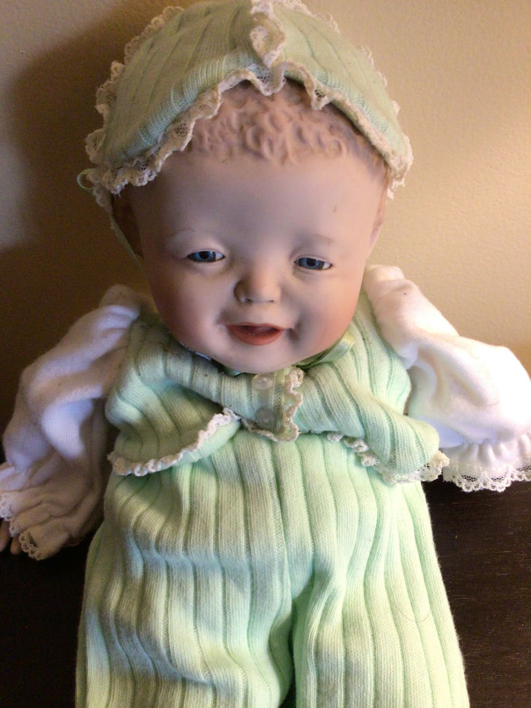 Vintage doll in mint-green outfit with lace bonnet - image 2 of 3
