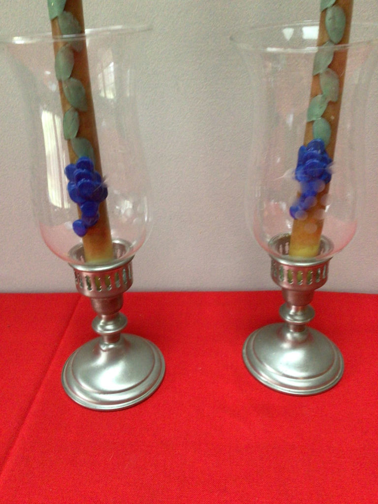WHH pewter Pair of glass hurricane candle holders with decorative pillar candles - image 2 of 3