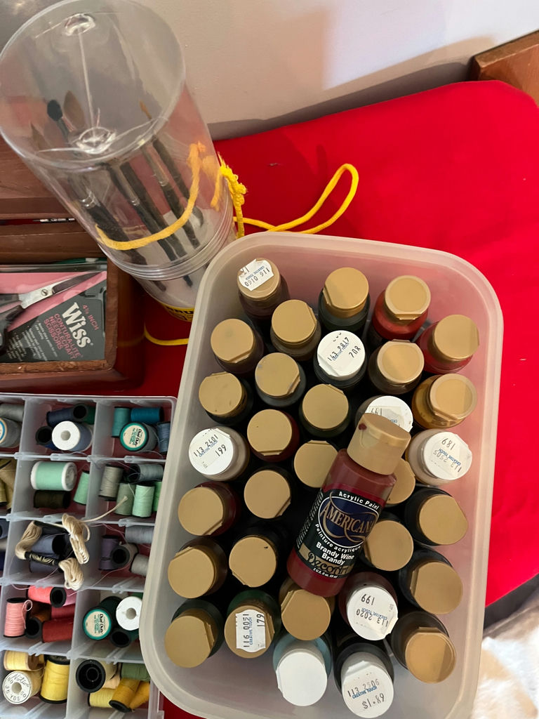 Assorted craft supplies: sewing thread, paints, and tools - image 5 of 5
