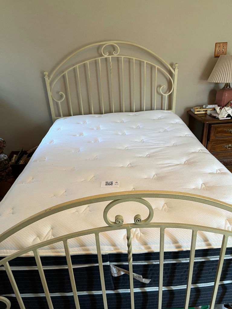 Cream Queen size metal bed frame with  mattress and box spring - image 1 of 4