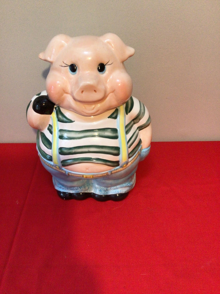 Ceramic pig figurine with striped shirt - image 1 of 3