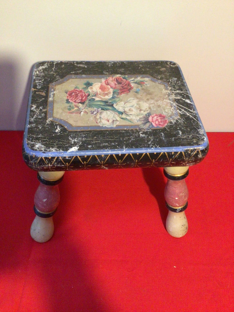 Vintage painted floral-top stool - image 2 of 3