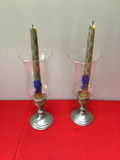 WHH pewter Pair of glass hurricane candle holders with decorative pillar candles - thumbnail 1 of 3
