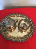 Silverplate creamer, sugar bowl with lid, and ornate serving tray - thumbnail 1 of 5