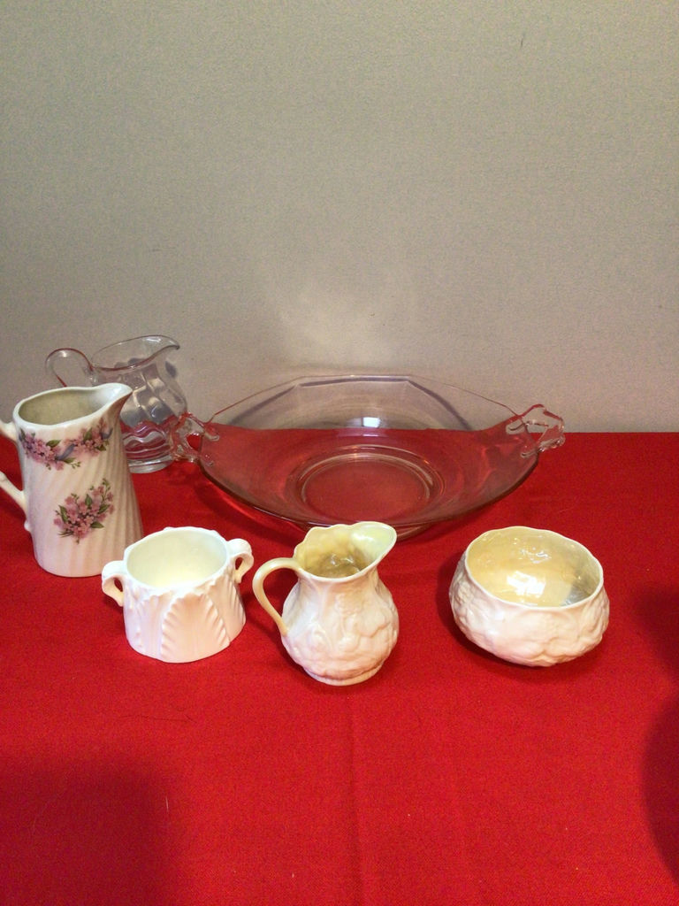 Porcelain creamers, sugar bowl, small pitcher, and pink glass serving dish set - image 1 of 4
