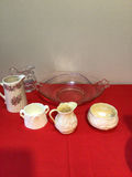 Porcelain creamers, sugar bowl, small pitcher, and pink glass serving dish set - thumbnail 1 of 4