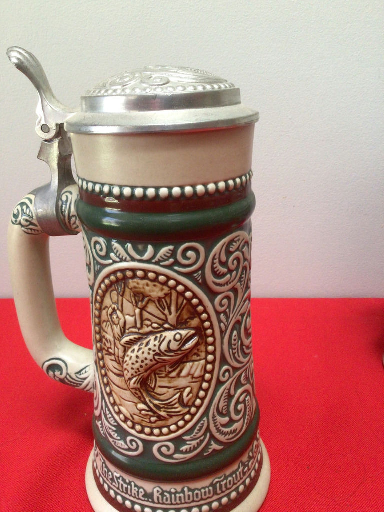 Set of five decorative ceramic beer steins with pewter lids - image 6 of 10