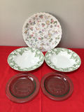 Floral patterned plate with green-bordered bowls and red glass dessert plates - thumbnail 1 of 2