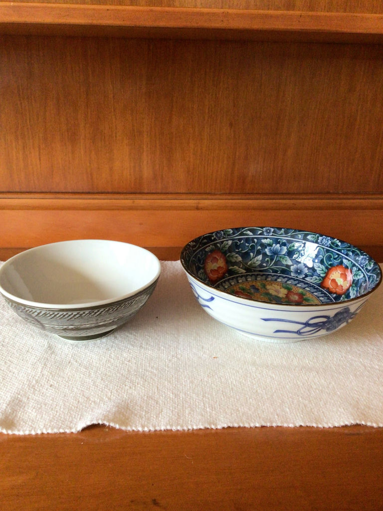2 ceramic bowls with blue-and-white patterns and gray/black designs - image 2 of 6