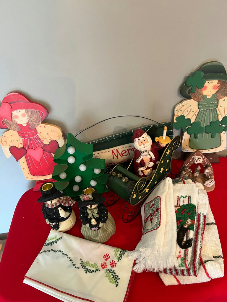 Christmas holiday decor assortment with figurines and textiles - image 1 of 1