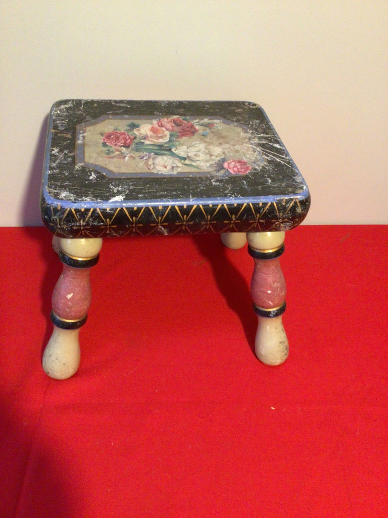 Vintage painted floral-top stool - image 1 of 3