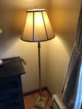 Brass floor lamp with square decorative base and fabric shade - thumbnail 1 of 2