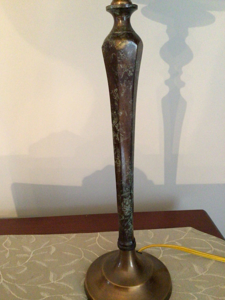 Antique brass table lamp with striped shade - image 3 of 3