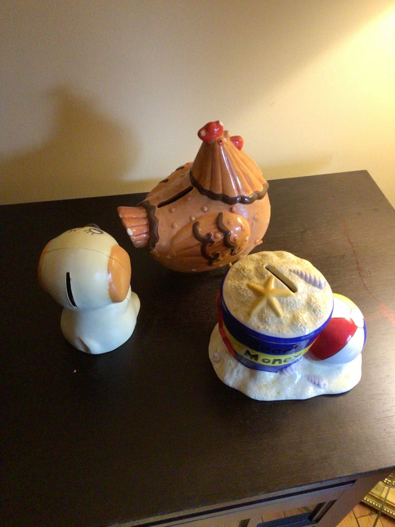 Ceramic dog, chicken, and sandcastle coin bank figurines - image 2 of 2