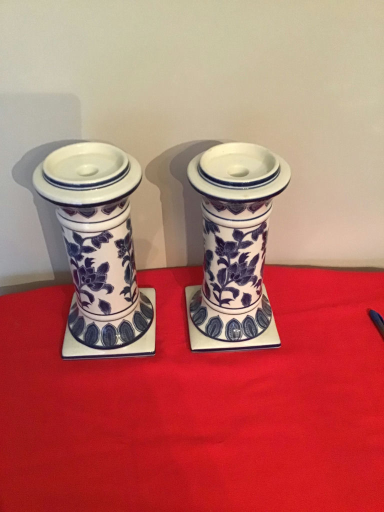 Two blue and white ceramic pillar candle holders - image 1 of 1