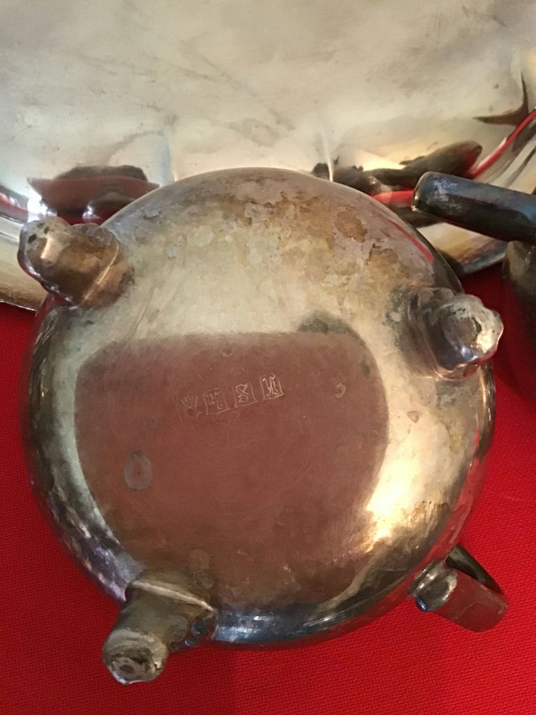 Silverplate creamer, sugar bowl with lid, and ornate serving tray - image 2 of 5