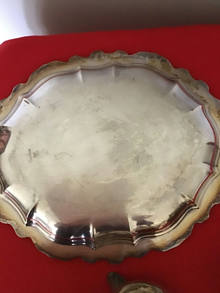 Silverplate creamer, sugar bowl with lid, and ornate serving tray - image 3 of 5