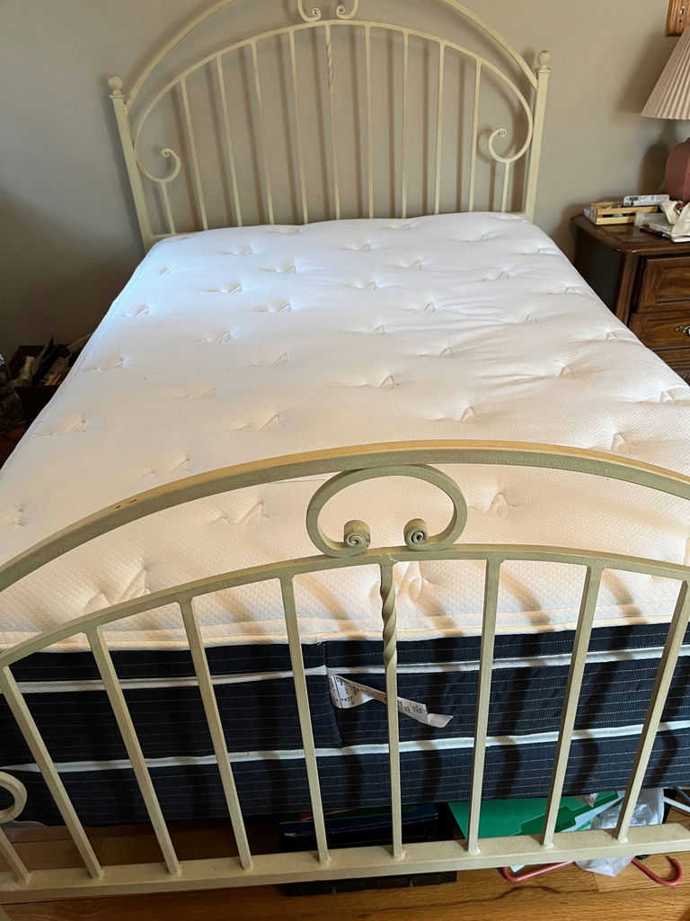 Cream Queen size metal bed frame with  mattress and box spring - image 3 of 4
