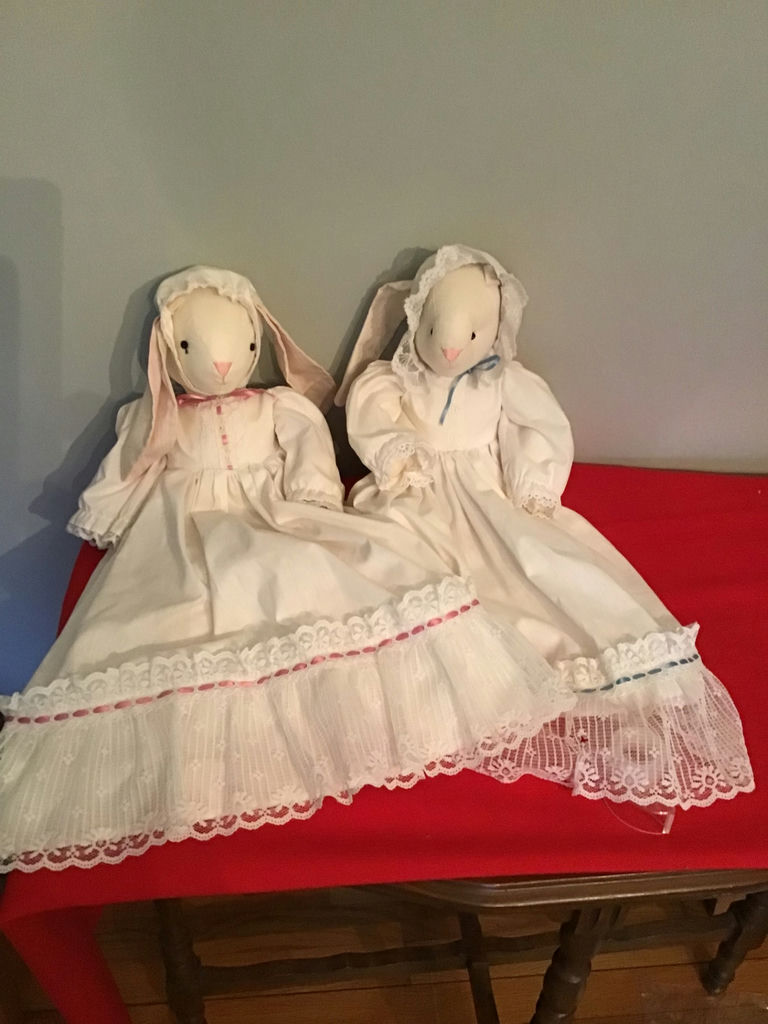 Two plush Easter bunny dolls in lace-trimmed dresses - image 1 of 1
