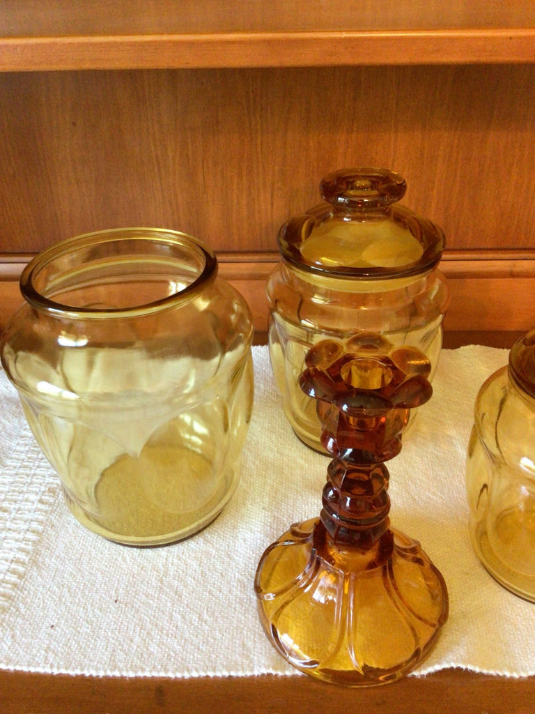 Amber glass jars with lids and candle holder - image 3 of 3