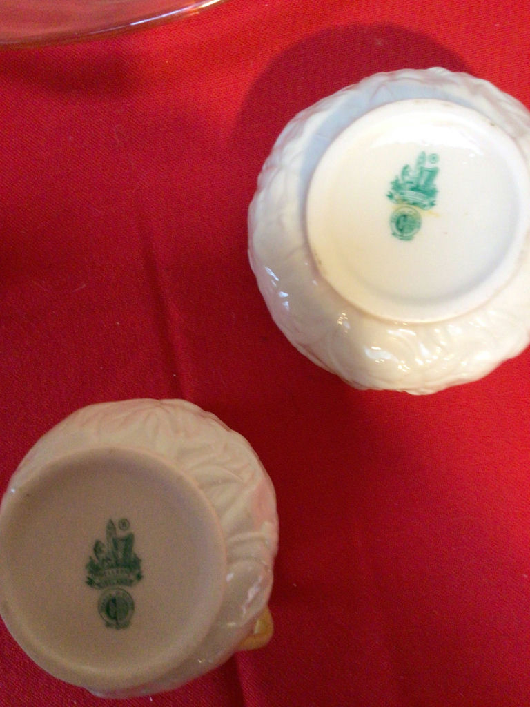 Porcelain creamers, sugar bowl, small pitcher, and pink glass serving dish set - image 3 of 4