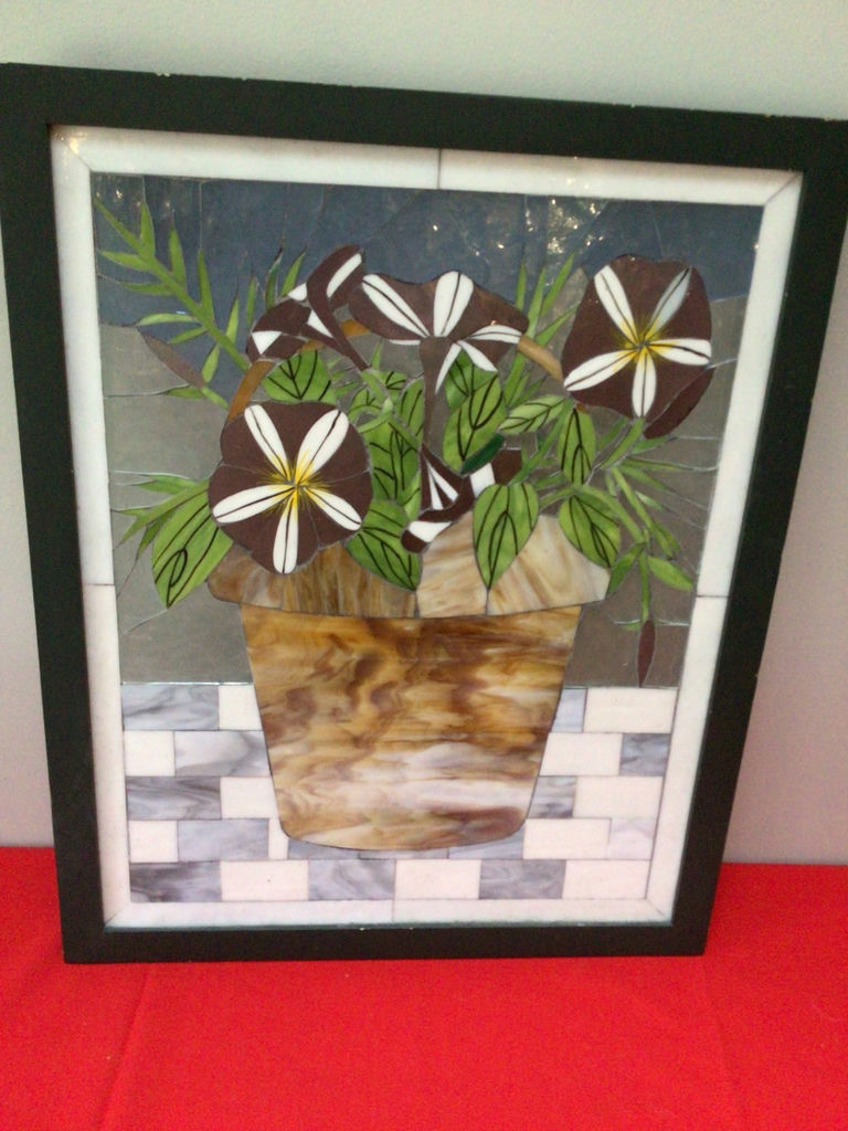 Framed Mosaic Tile Art: Potted Plant with Brown-and-White Flowers - image 1 of 3