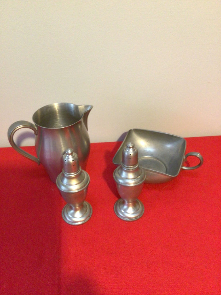 Pewter pitcher, salt and pepper shakers, and serving dish - image 1 of 4