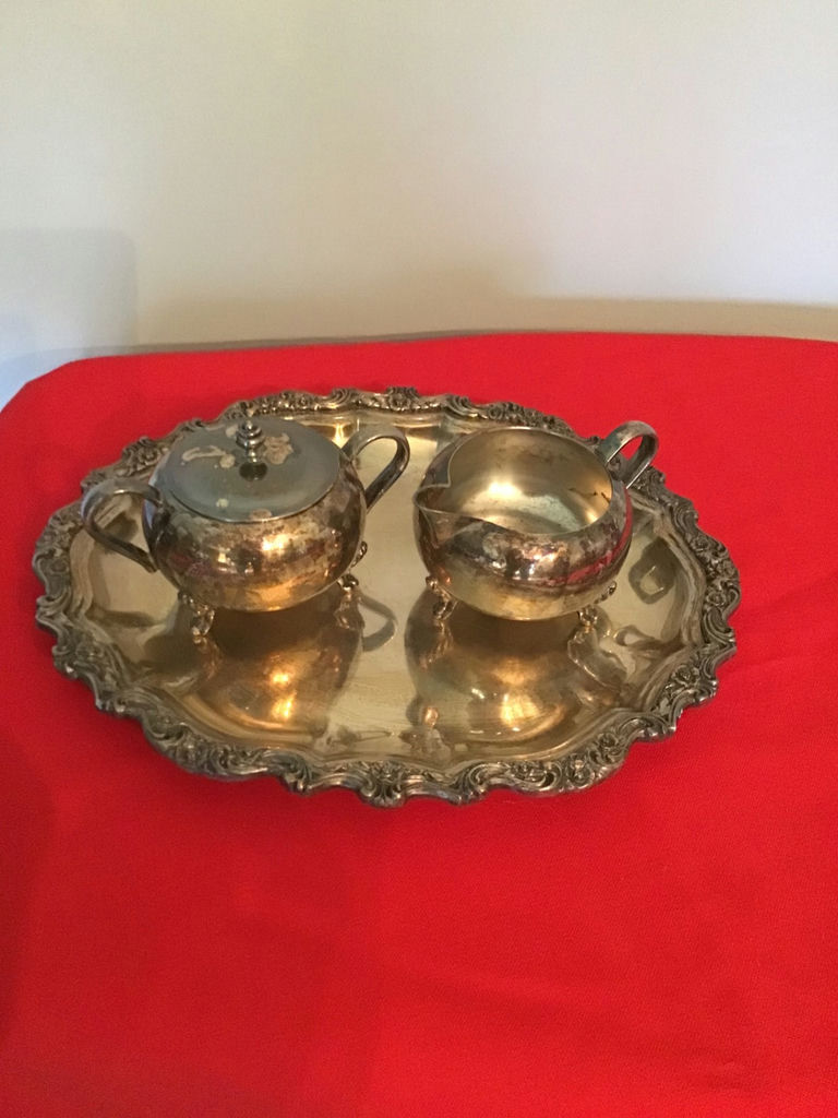 Silverplate creamer, sugar bowl with lid, and ornate serving tray - image 4 of 5