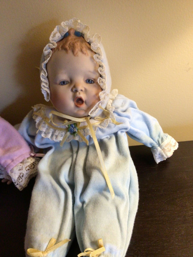 Two pastel-clothed cloth dolls with lace trim - image 3 of 5