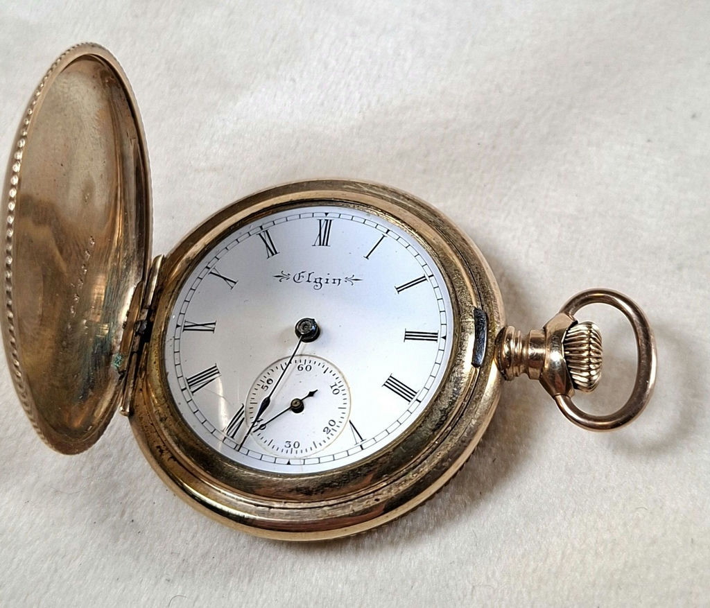 Small Antique Late 1890s  Elgin Gold Tone Pocket Watch in Keystone Watch Case, Serial Number 6583036 - image 2 of 8