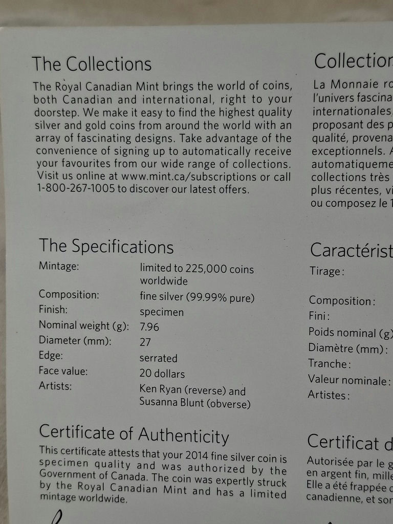 2014 Royal Canadian Mint Fine (.999) Silver Lynx $20 Coin with Certificate - image 3 of 4