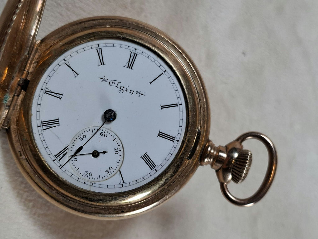 Small Antique Late 1890s Elgin Gold Tone Pocket Watch in Keystone Watch Case, Serial Number 6583036 - image 8 of 8