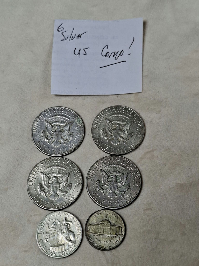 Collection of U.S. Silver Coins, 4 Half Dollars, Quarter Dollar, And Nickel - image 1 of 5