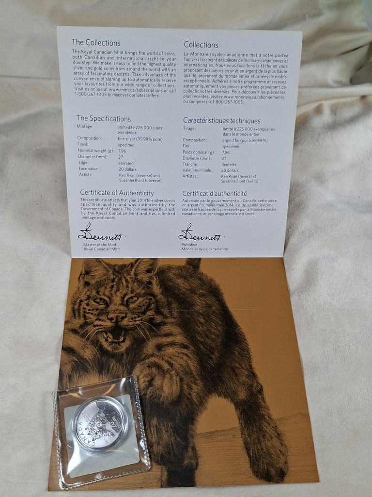 2014 Royal Canadian Mint Fine (.999) Silver Lynx $20 Coin with Certificate - image 1 of 4
